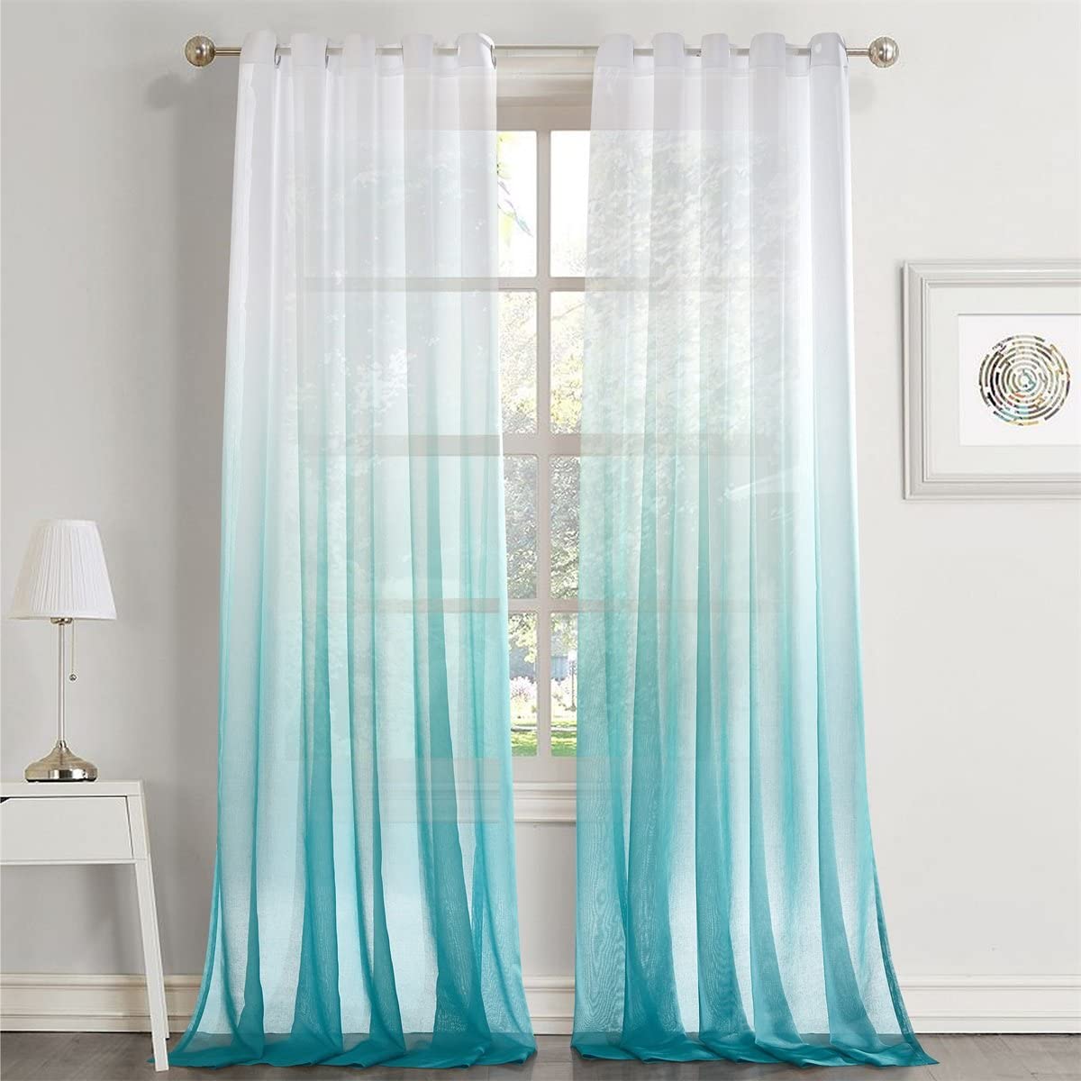 2x Ombre Sheer Curtains Draperies Window Treatment, White and Turquoise