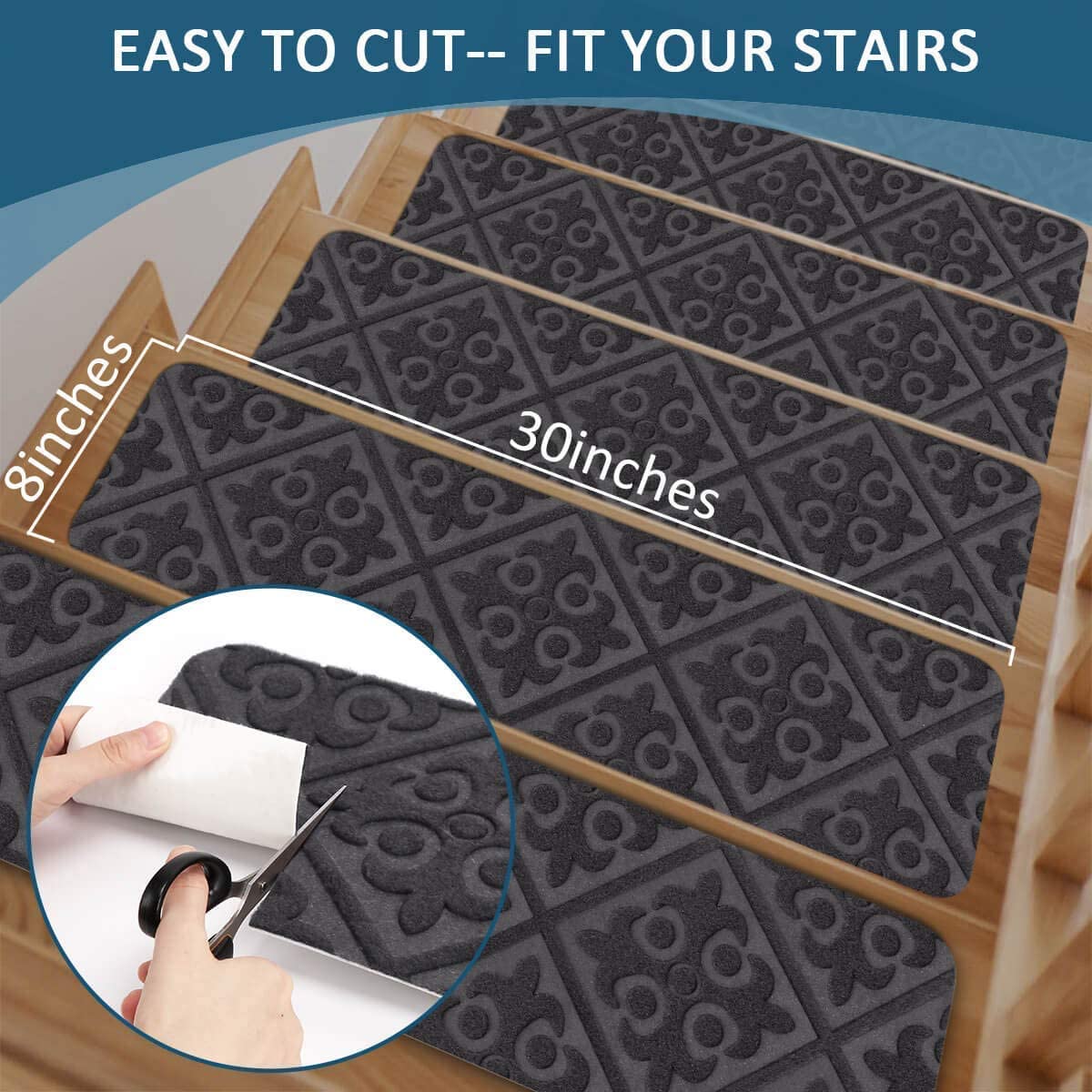 Stair Treads Carpet Non-Slip Indoor Stair Runners for Wooden Steps, Stair Rugs for Kids and Dogs, Set of 15, 8" X 30",Embossing Grey