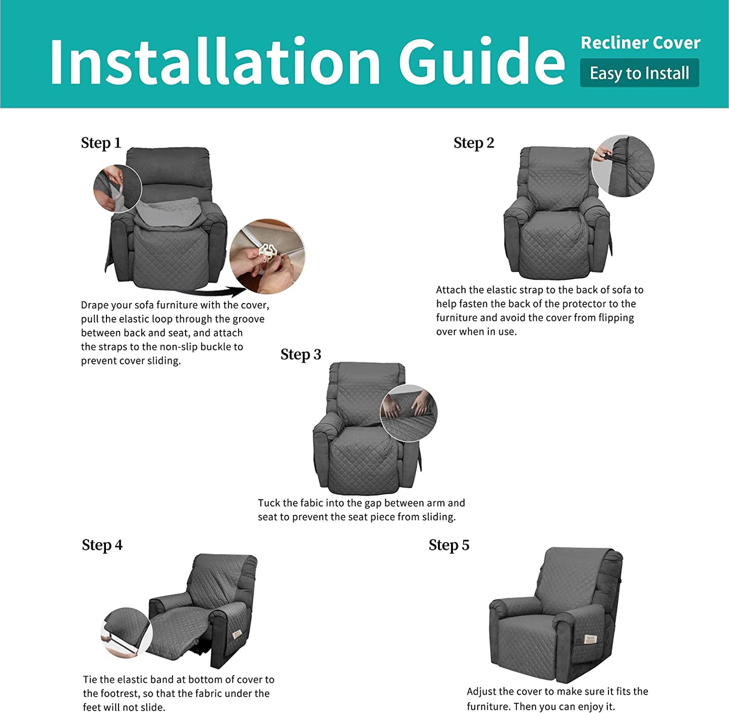 Recliner Sofa Cover with Pocket, Slipcovers Reversible Washable Elastic Adjustable Strap for home(1 Seater,Grey）