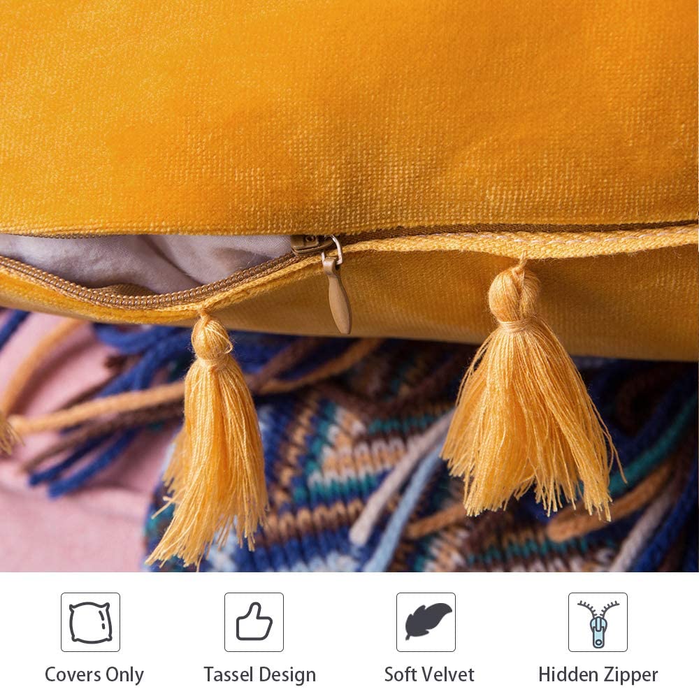 Pack of 2 Velvet Soft Solid Decorative Throw Pillows with Tassels Fringe Boho Accent Cushion Case for Couch Sofa Bed, Gold