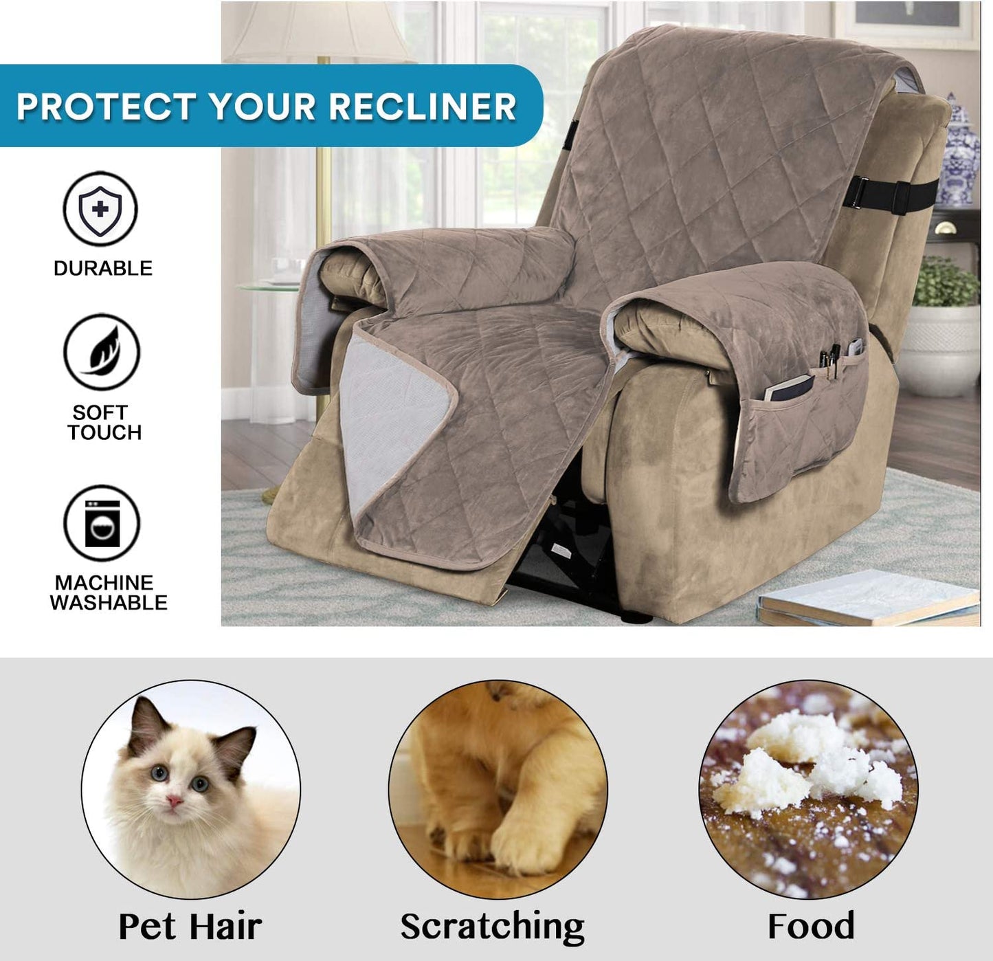 Recliner Covers Velvet Slip Resistant Recliner Sofa Slipcover Seat  Couch Furniture Protector with Elastic Straps Recliner Cover - Taupe