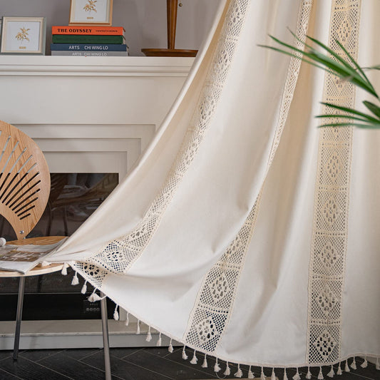 Panels Boho Windows Sheer Curtains Crochet Vintage Cotton Tassel Window Curtains Panels for Bedroom Living Room (Crochet Cotton Cream)