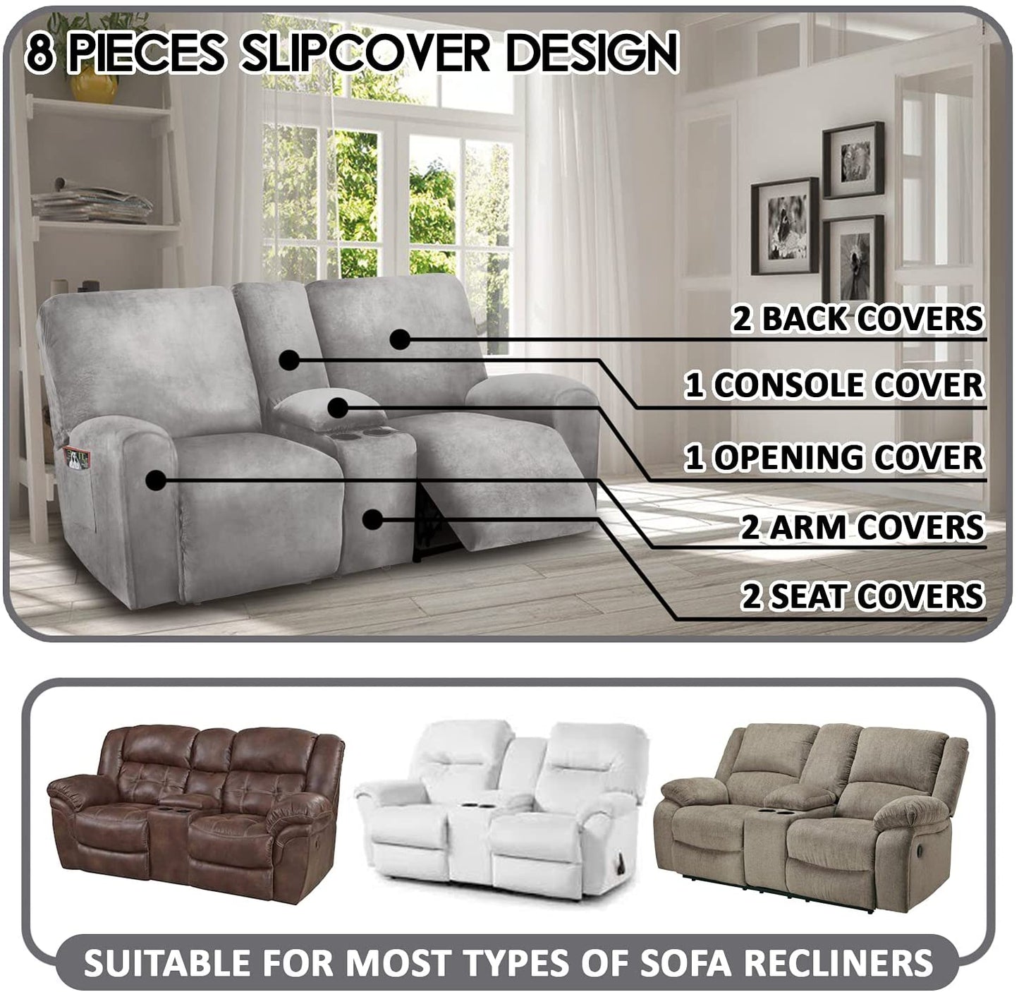 2 Seater with Middle Console Slipcover, Velvet Stretch Loveseat Reclining Sofa Covers, Thick, Soft, Washable, Light Grey