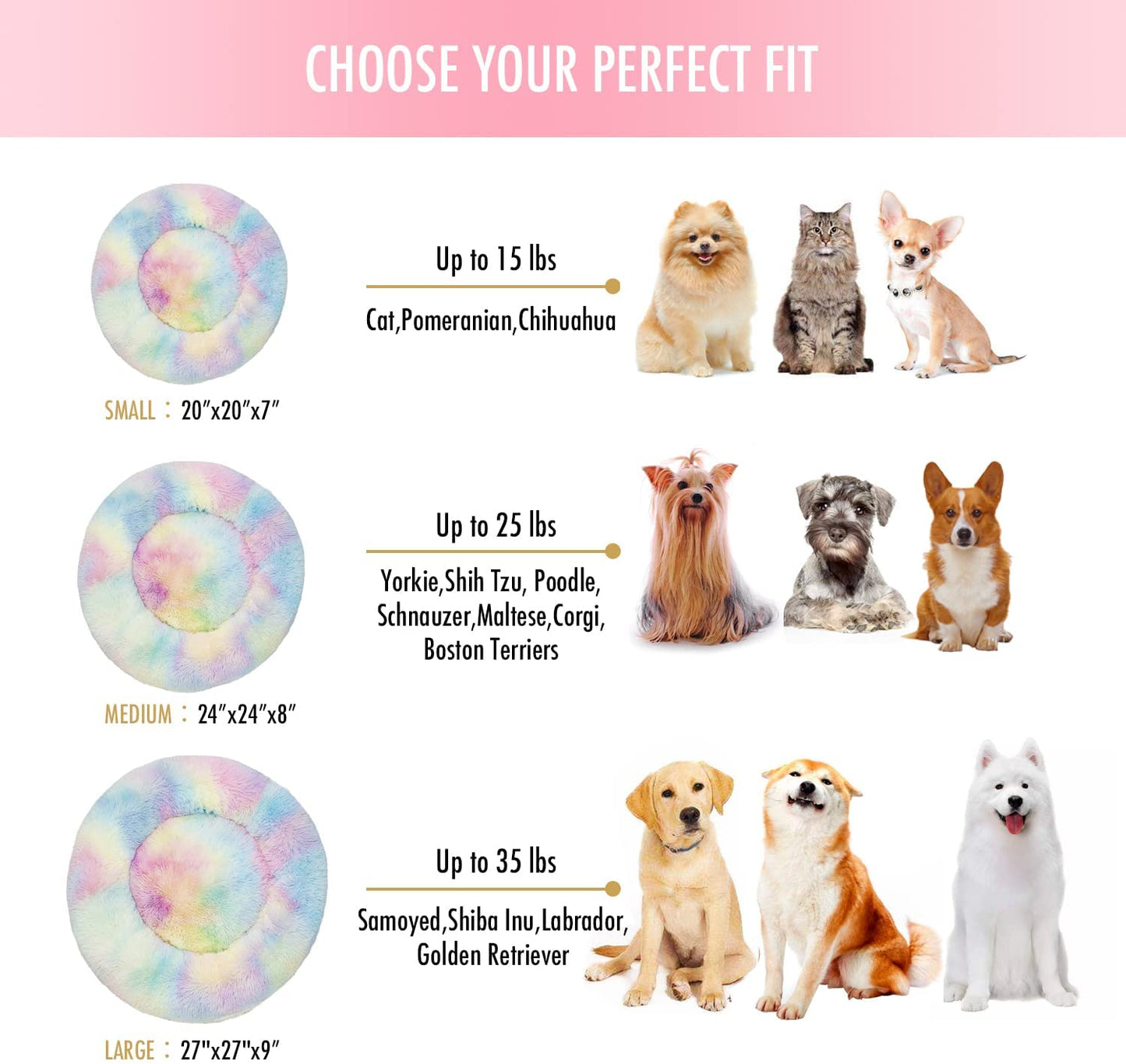 Anti Anxiety Round Fluffy Plush Faux Fur Warm Washable Dog Bed & Cat Bed, Original Bed for Small Medium Large Pets, Rainbow Color