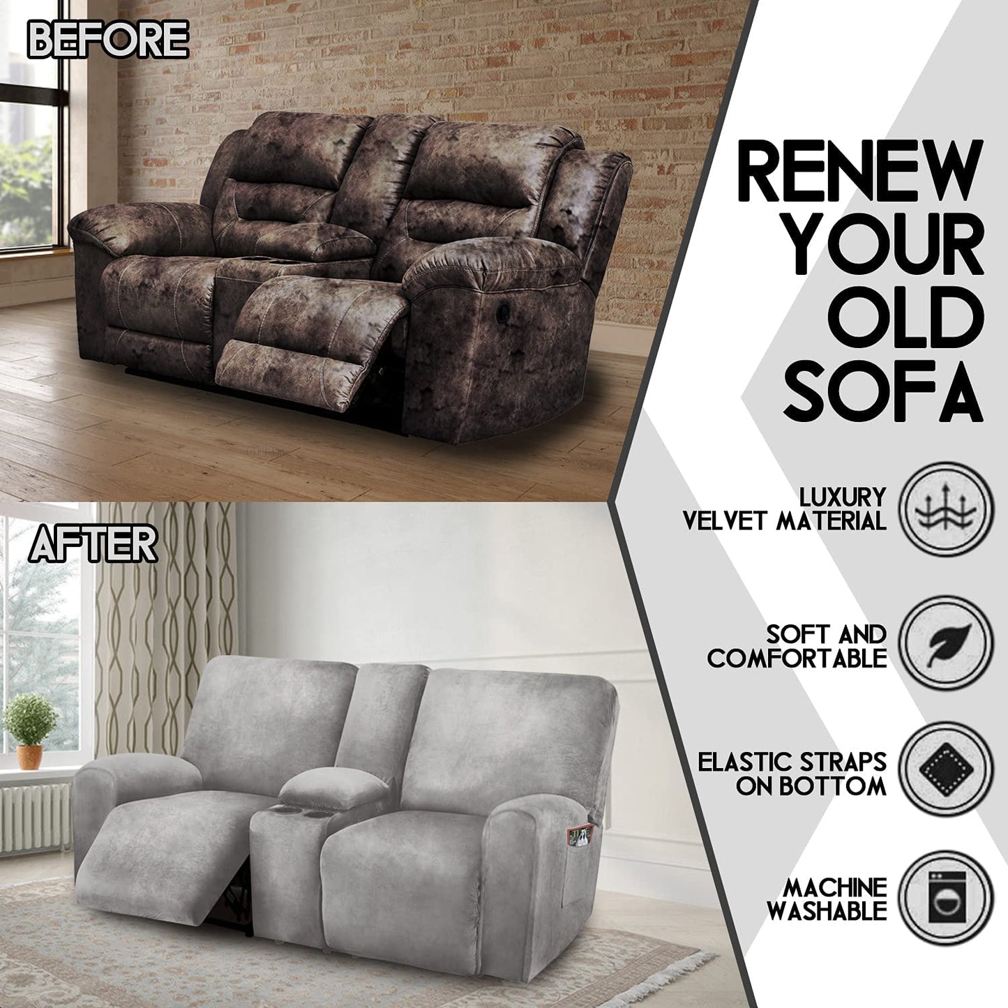 2 Seater with Middle Console Slipcover, Velvet Stretch Loveseat Reclining Sofa Covers, Thick, Soft, Washable, Light Grey