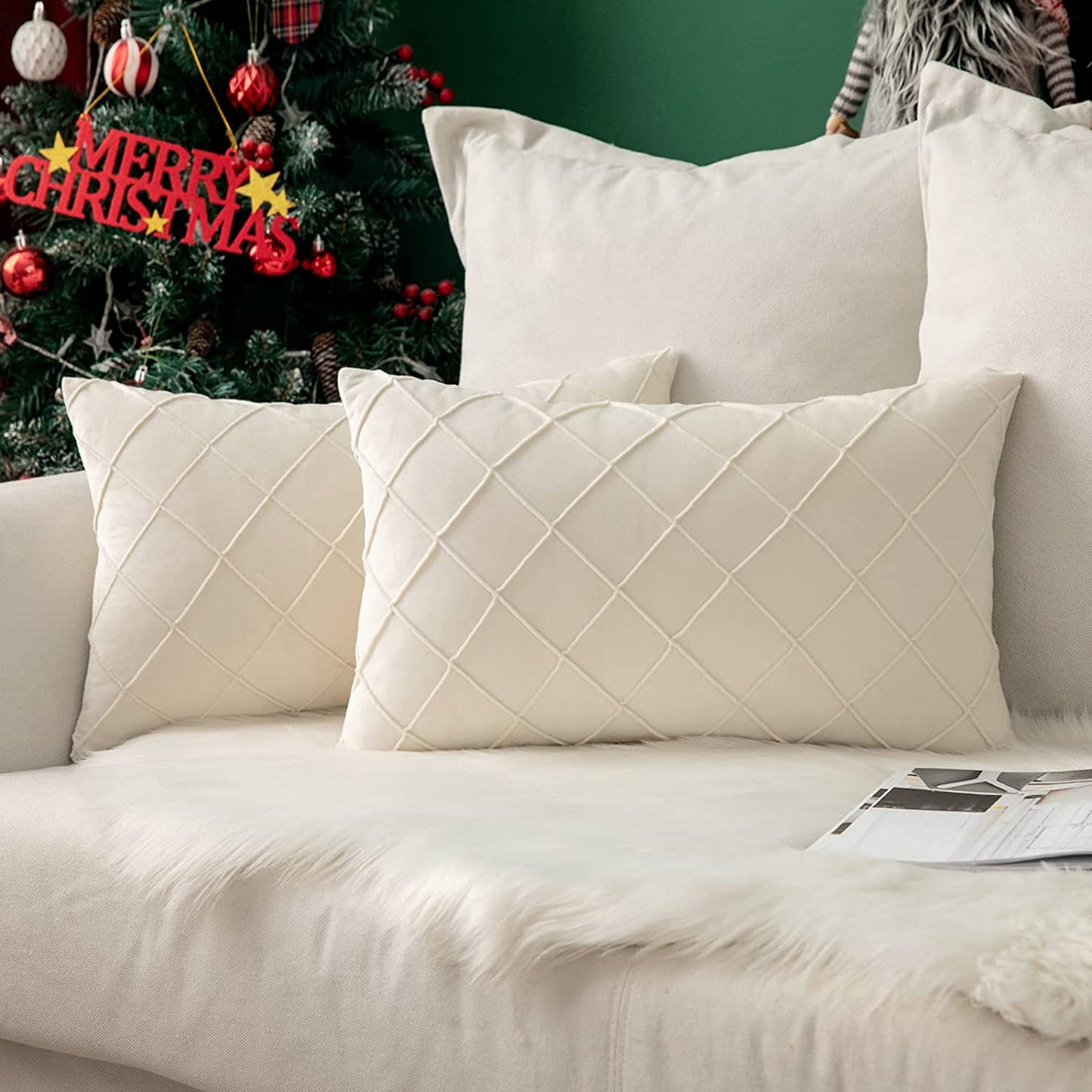 Velvet Throw Pillow Square Soft Couch Pillows Set of 2 (Inserts + Pillow Covers,Cream White)