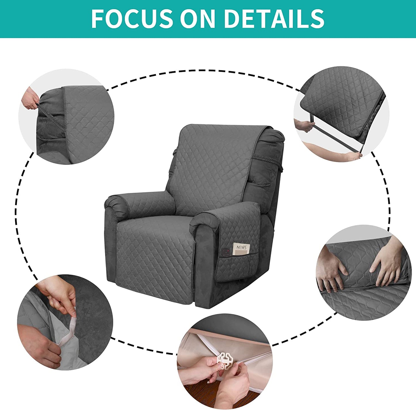 Recliner Sofa Cover with Pocket, Slipcovers Reversible Washable Elastic Adjustable Strap for home(2 Seater,Grey)