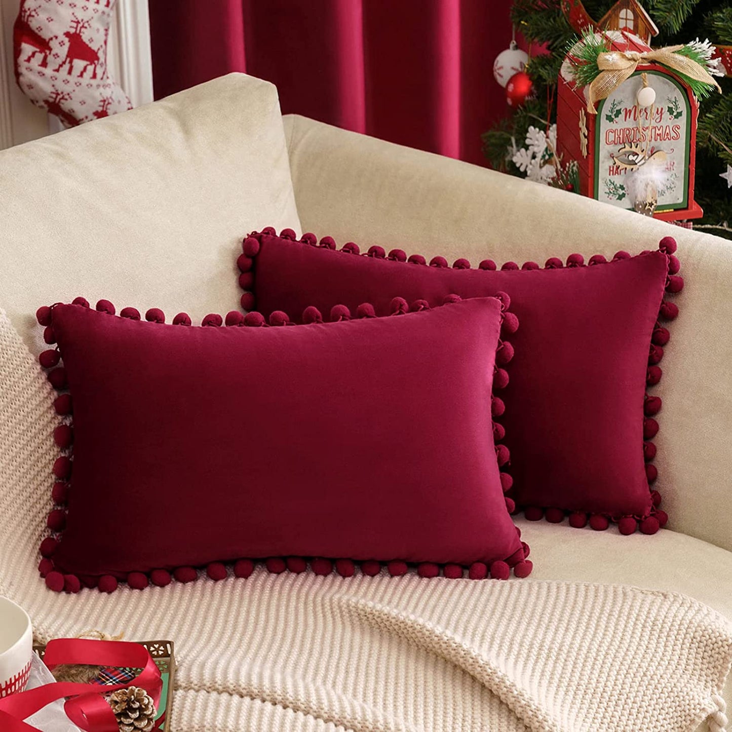 2x  Square Throw Pillows with Cute Pom-poms for Couch Sofa Bedroom Decor (Inserts + Pillow Covers, Wine Red )