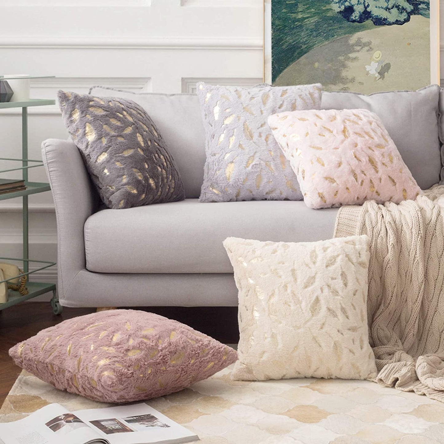 2x Square Throw Pillows Decorative Faux Fur Gold Feathers Gilding Leaves Cushion Cases Soft Fluffy(Inserts + Pillow Covers,Pink)