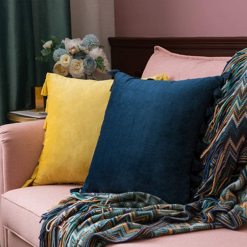 Pack of 2 Velvet Soft Solid Decorative Throw Pillows with Tassels Fringe Boho Accent Cushion Case for Couch Sofa Bed, Navy