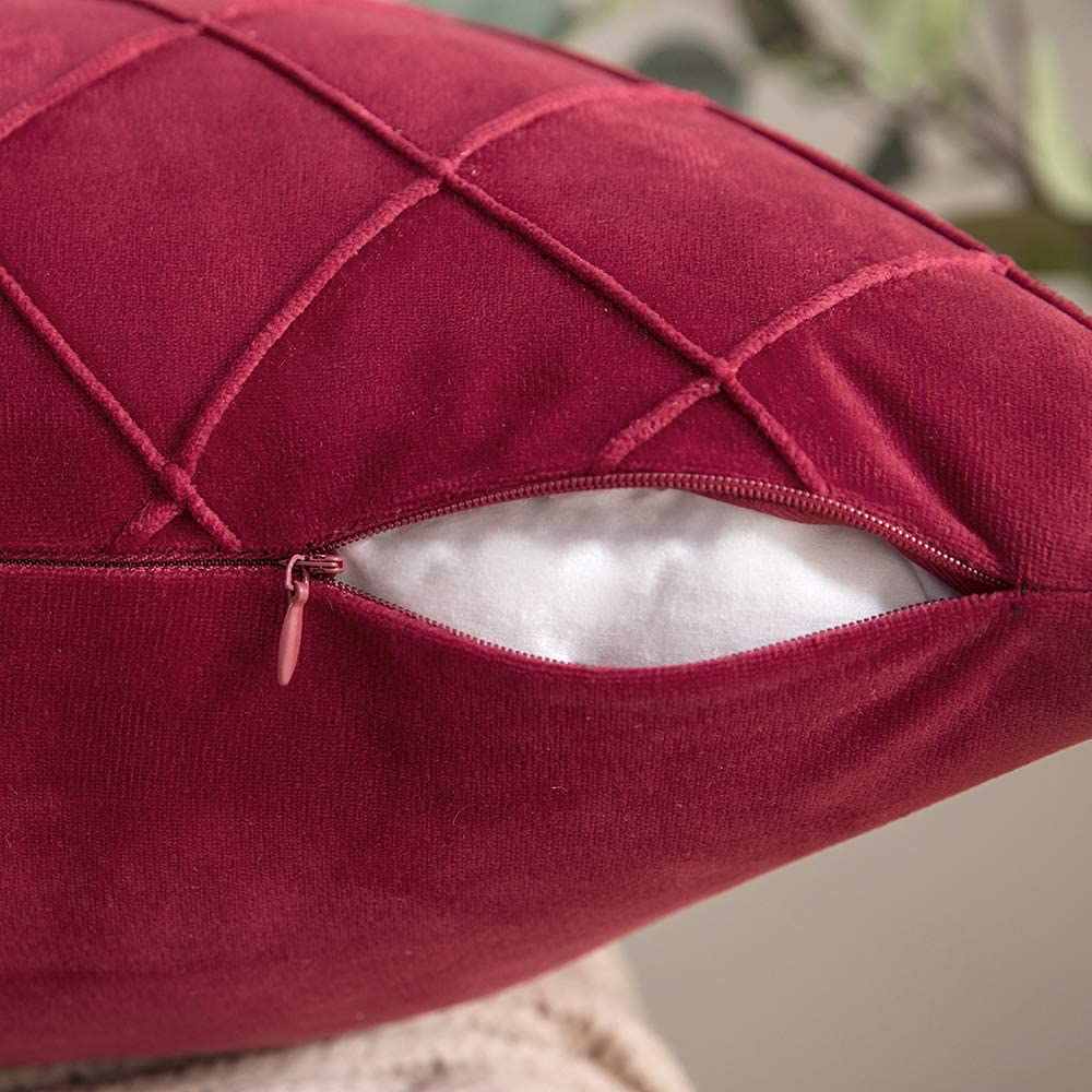 Velvet Throw Pillow Square Soft Couch Pillows Set of 2 (Inserts + Pillow Covers, Wine)