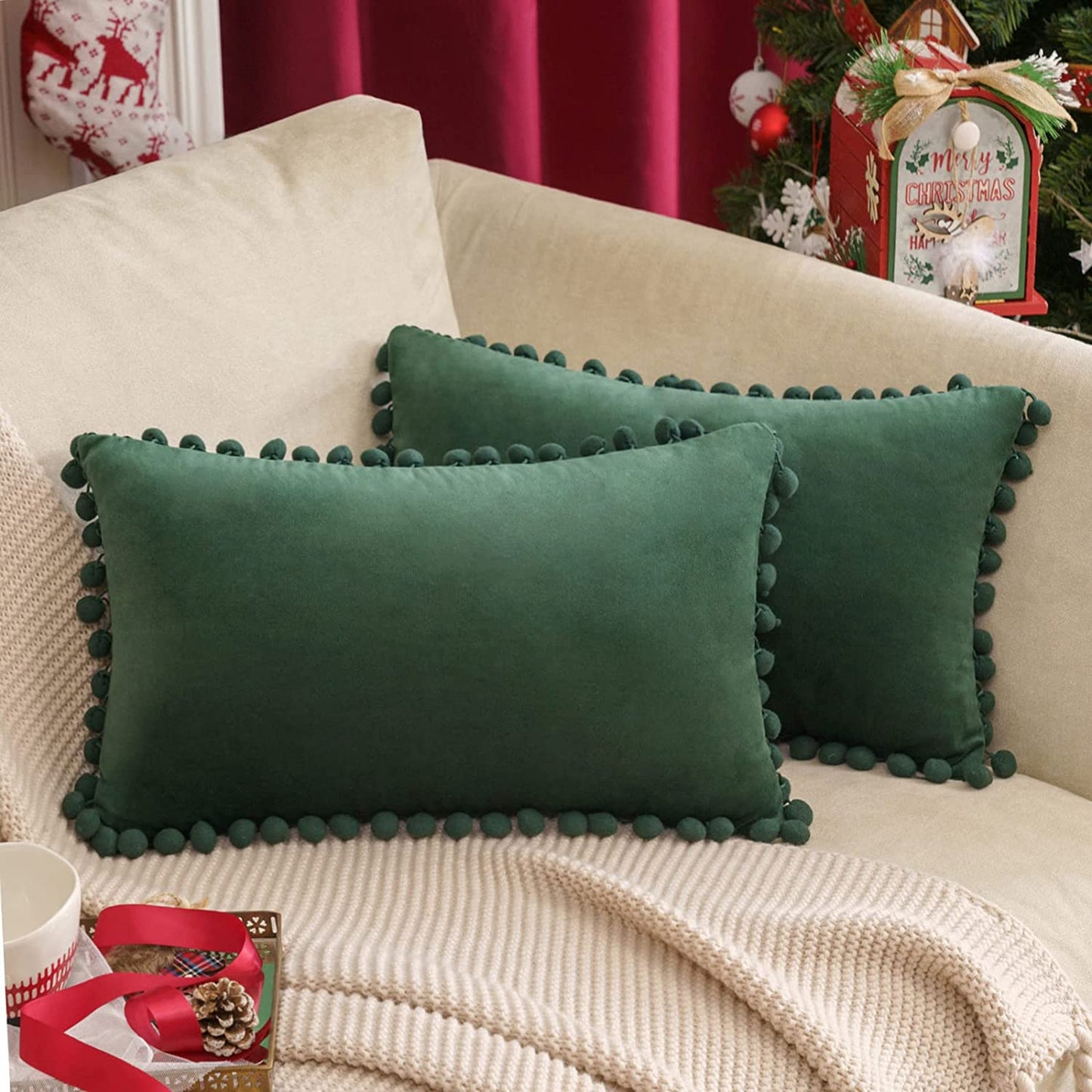 2x  Square Throw Pillows with Cute Pom-poms for Couch Sofa Bedroom Decor (Inserts + Pillow Covers,  Dark Green)