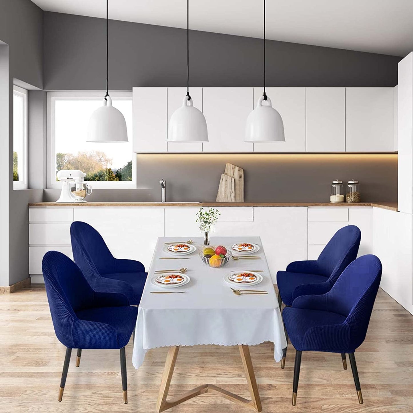 Dining Room Chair Pineapple Elastic Simple Semicircular Handrail Kitchen Chair Covers Protectors,Set of 2/4/6/8 (Navy)