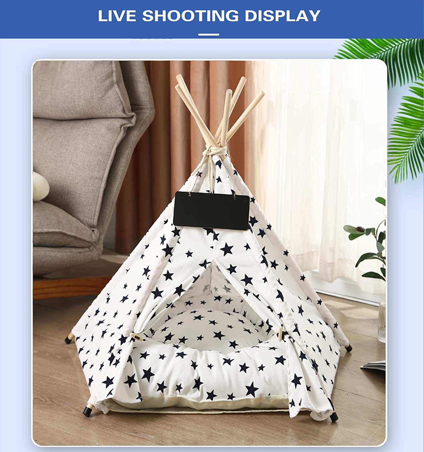 Dog Cat Teepee Tent, Dog Tent Indoor, Folding Indoor Puppy Pet Teepee Bed with Soft Cushion Bed，Star on White