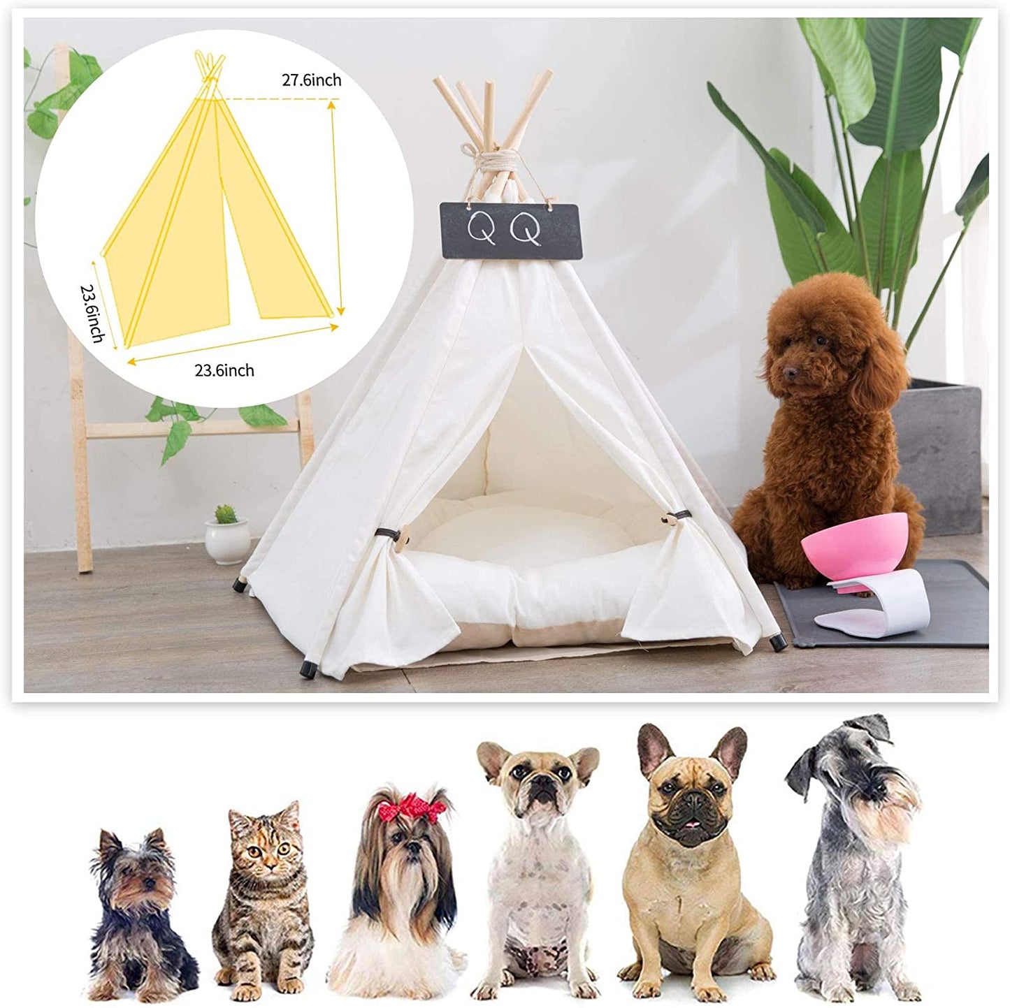 Pet Teepee with Cushion for Dogs and Cats Puppies House with Bed Pet Tent Bed Indoor Outdoor, Off White