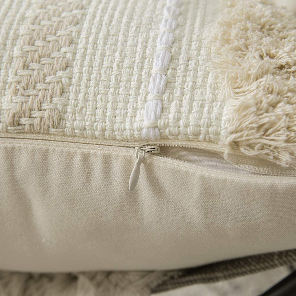Decorative Throw Pillow Cover Tribal Boho Woven Tufted Lumbar Pillowcase Soft Cushion Set of 2 (Inserts + Pillow Covers,Cream White )