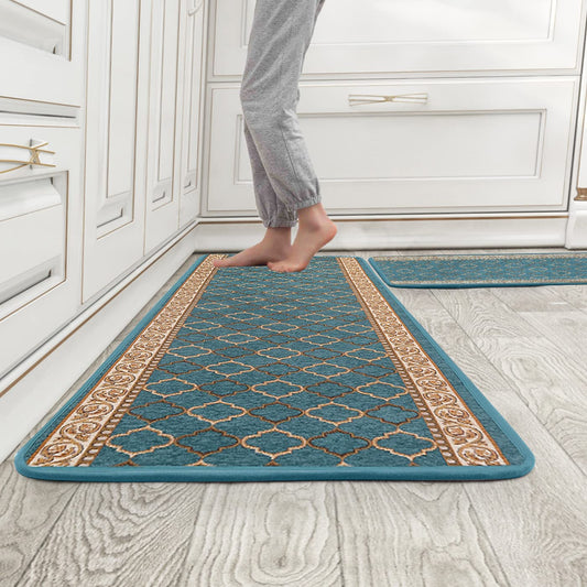 Kitchen Rugs 2 Piece Super Absorbent Non Slip Soft Boho Embroidered Rug Runner, Blue