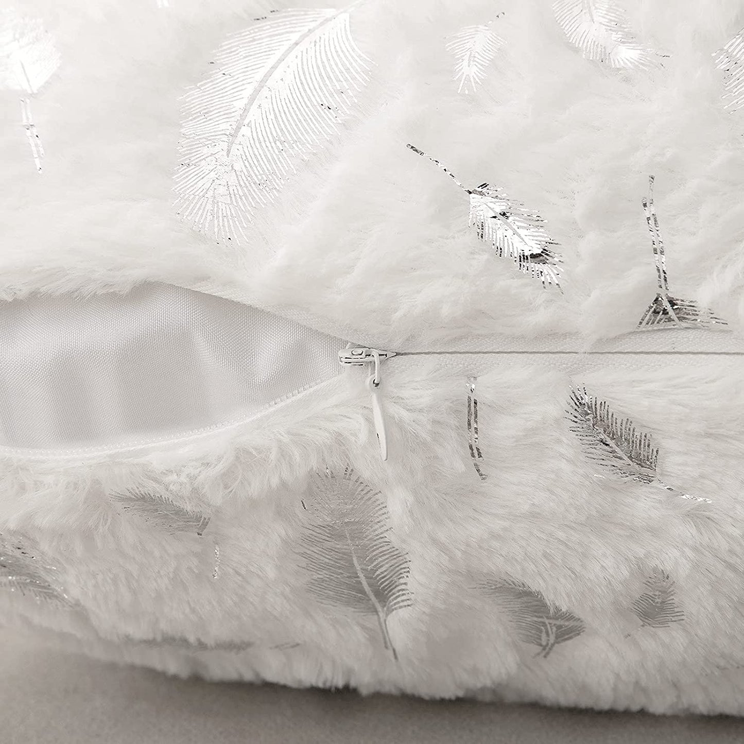 2x Square Throw Pillows Decorative Faux Fur Silver Feathers Silver Leaves Cushion Cases Soft Fluffy(Inserts + Pillow Covers, White)
