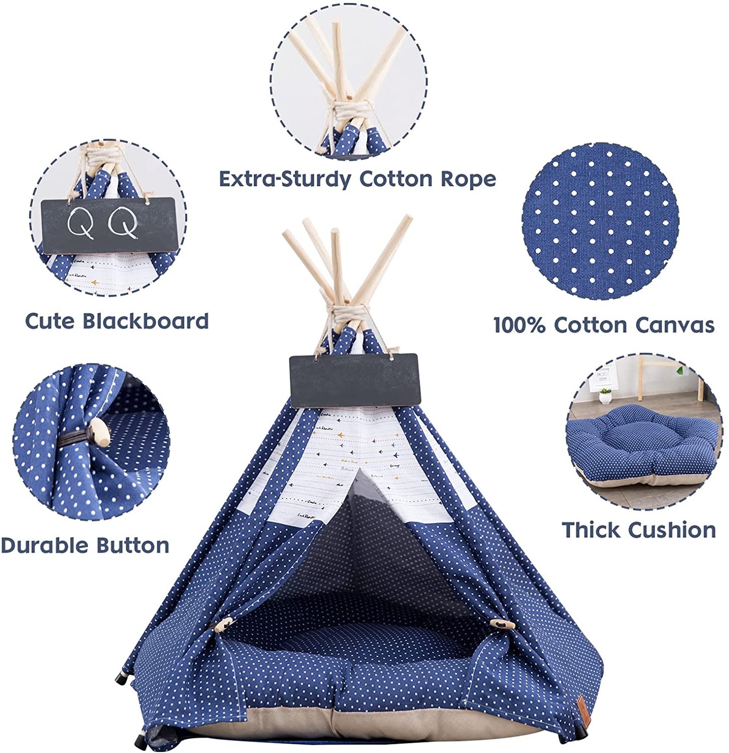 Pet Teepee with Cushion for Dogs and Cats Puppies House with Bed Pet Tent Bed Indoor Outdoor, Navy