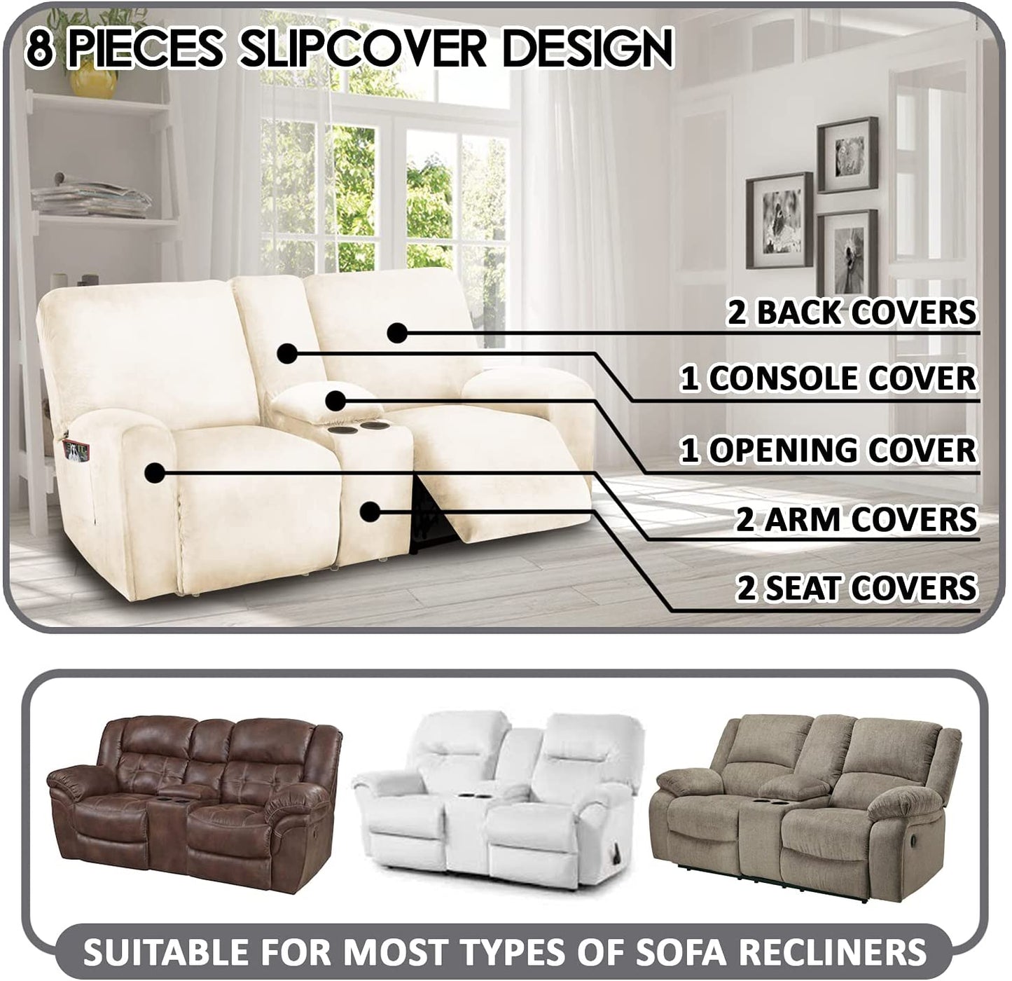 2 Seater with Middle Console Slipcover, Velvet Stretch Loveseat Reclining Sofa Covers, Thick, Soft, Washable, Ivory