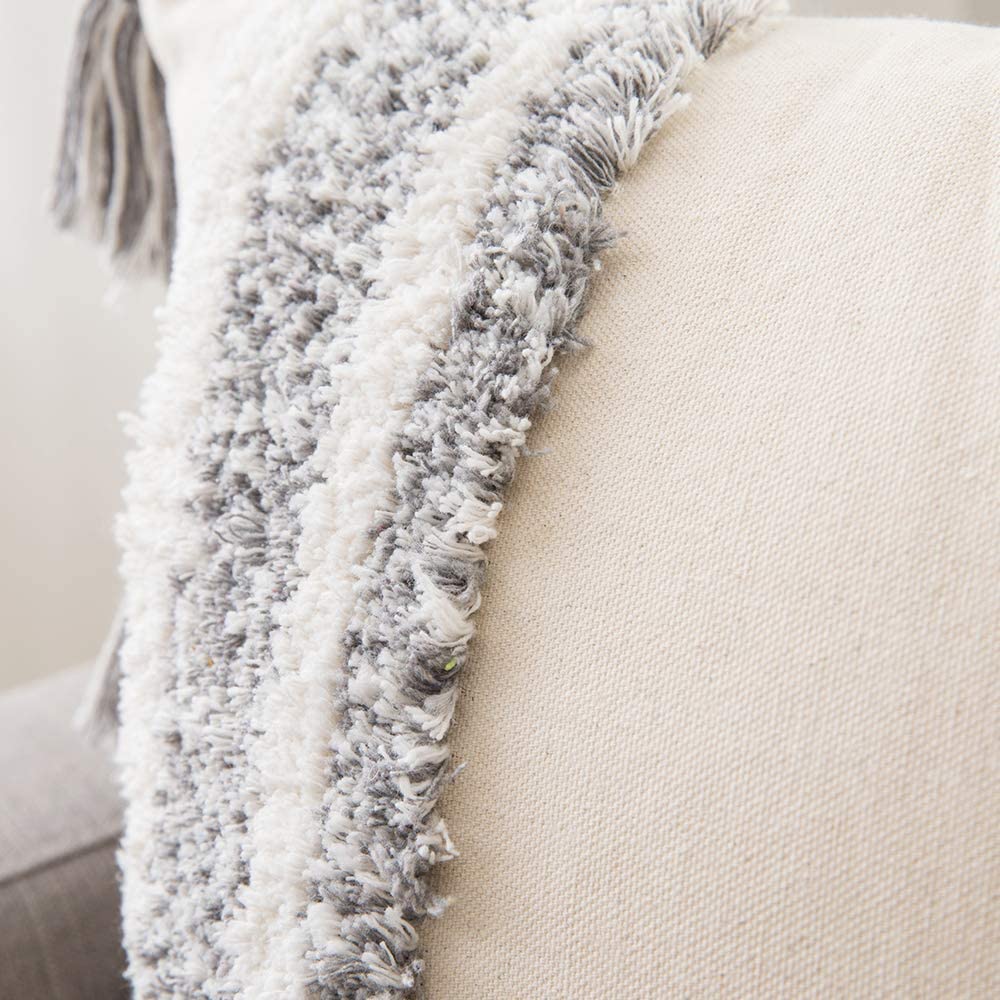 Tribal Boho Woven with Tassels Pillow Square Soft Couch Pillows Set of 2 (Inserts + Pillow Covers, Grey)