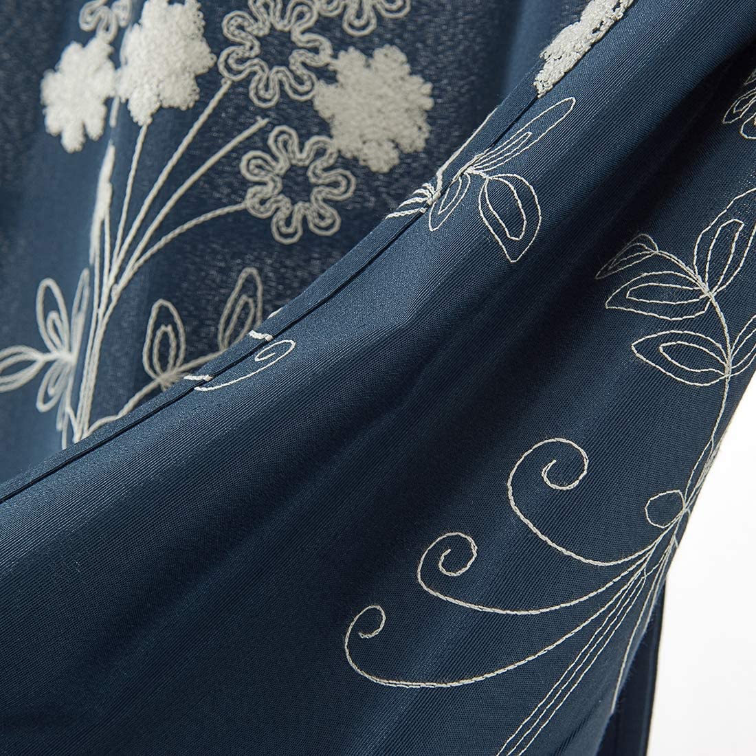 Floral Embroidered Farmhouse Tie Up Shade Curtain Rod Pocket 1 Piece, Navy