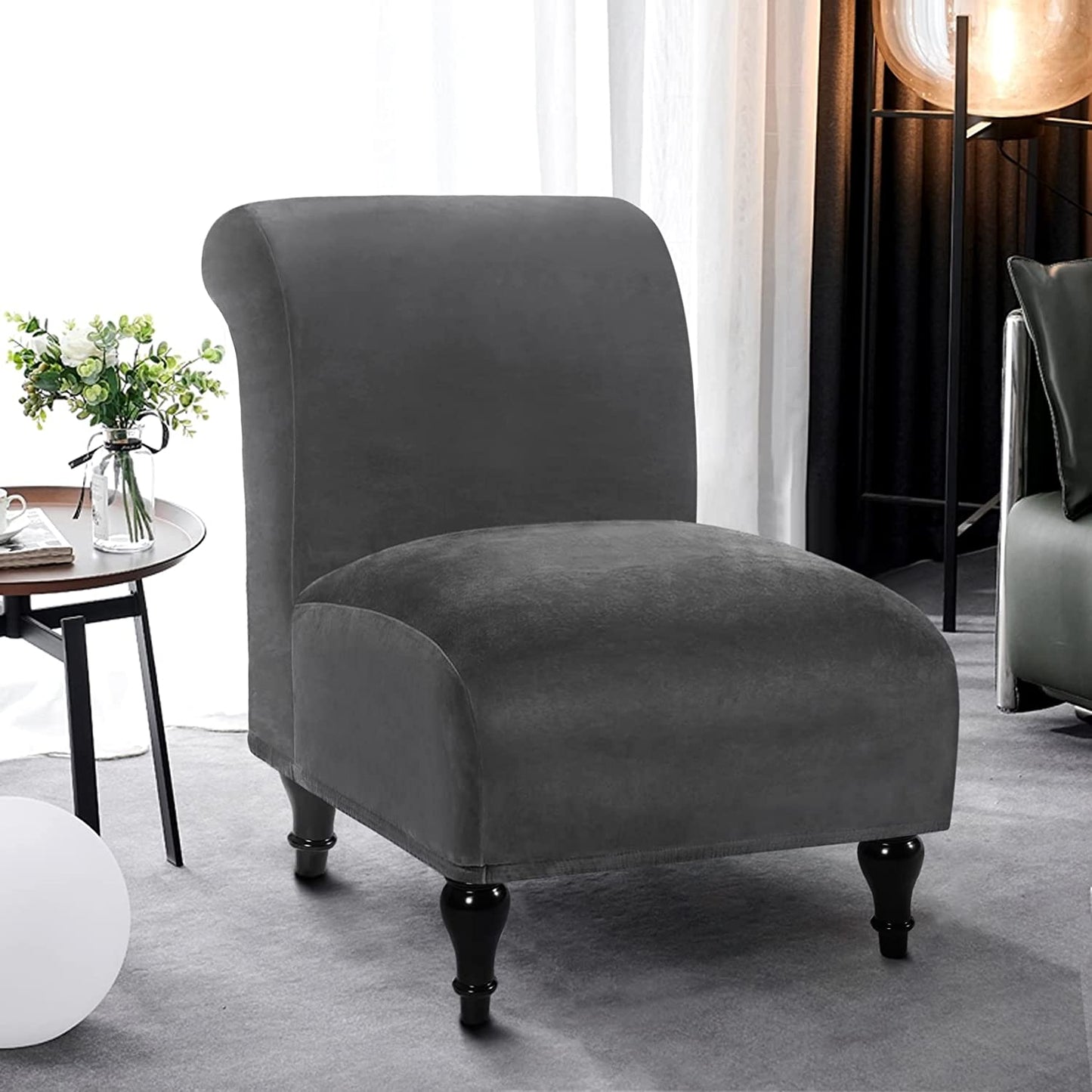 Armless Velvet Accent Chair Slipcover High Stretch Chair Covers with Elastic Bottom Removable Chair Slipcover Without Arms for Living Room Hotel, Grey