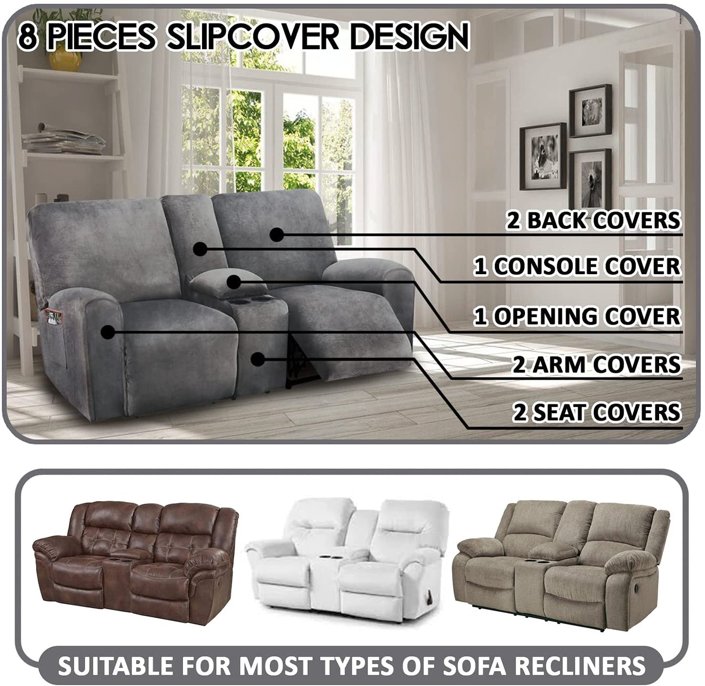 2 Seater with Middle Console Slipcover, Velvet Stretch Loveseat Reclining Sofa Covers, Thick, Soft, Washable, Grey