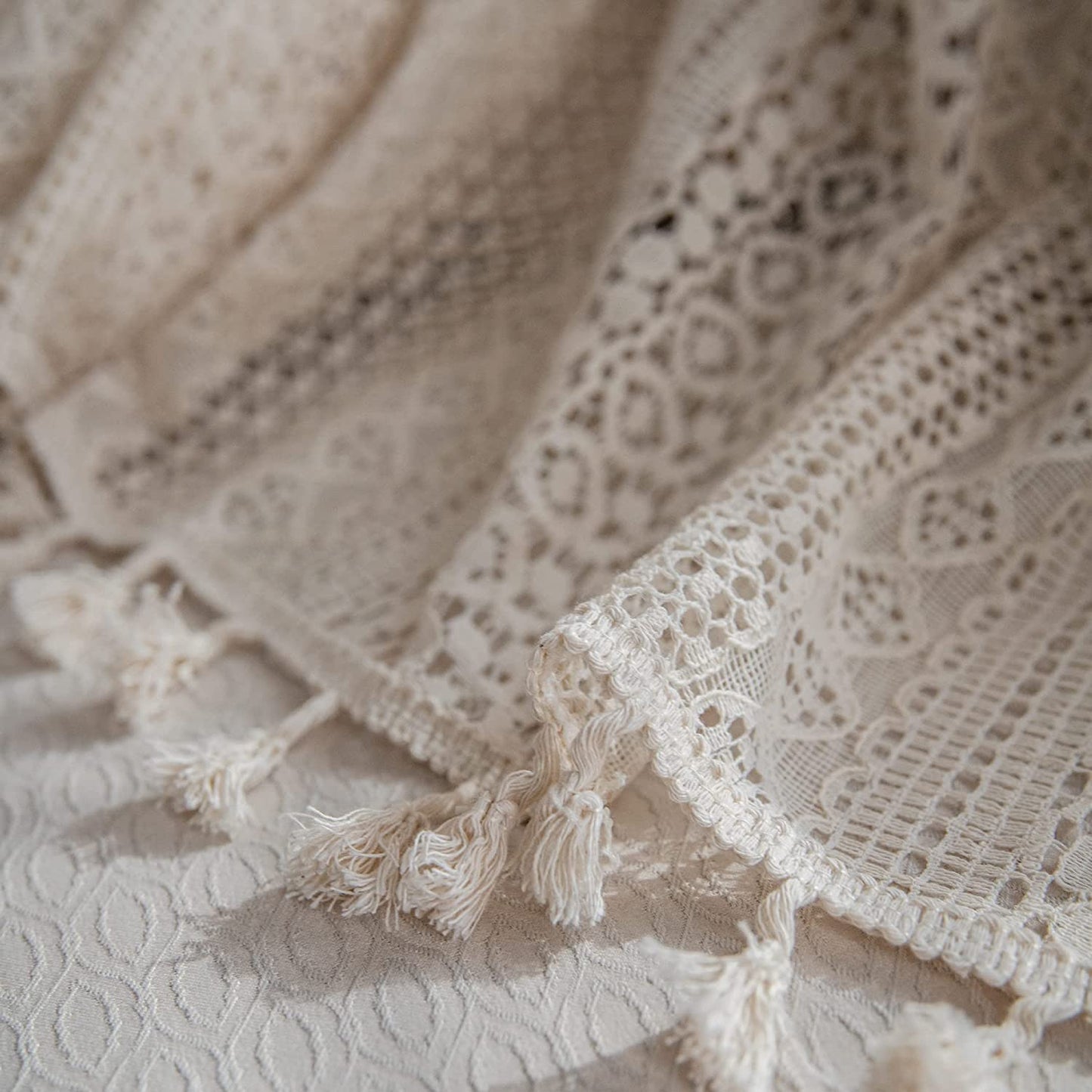 2 Panels Boho Windows Sheer Curtains Crochet Vintage Cotton Tassel Window Curtains Panels for Bedroom Living Room (Crochet Beige)