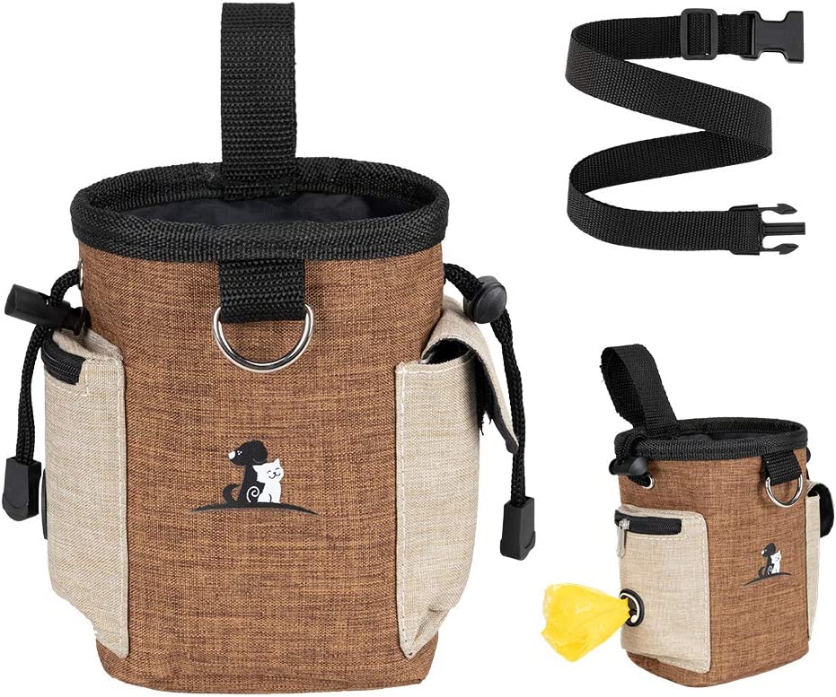 Dog Treat Pouch Dog Treat Bag with Dog Bowl for Training Small to Large Dogs Animal Walking Snack Container Easily Carries Pet Toys & Kibble (Brown)