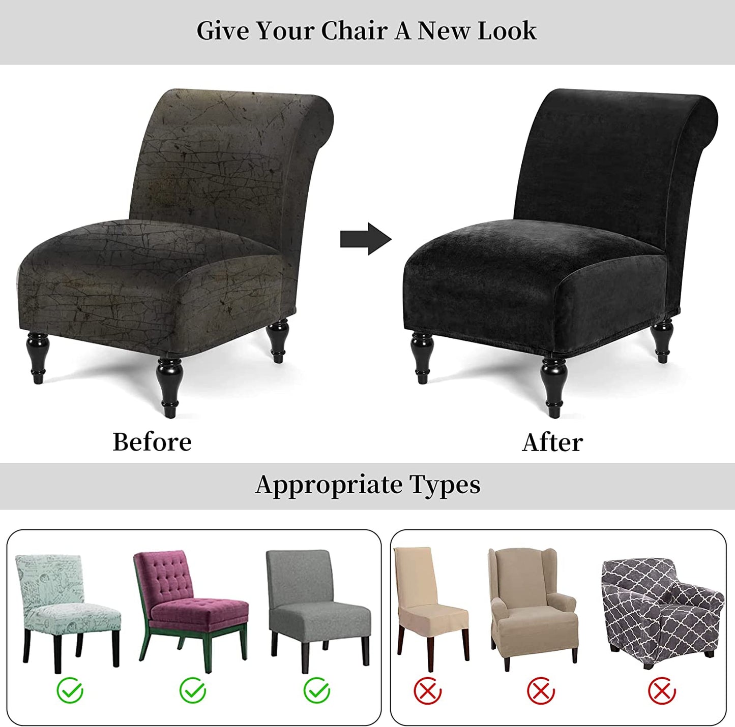 Armless Velvet Accent Chair Slipcover High Stretch Chair Covers with Elastic Bottom Removable Chair Slipcover Without Arms for Living Room Hotel, Black