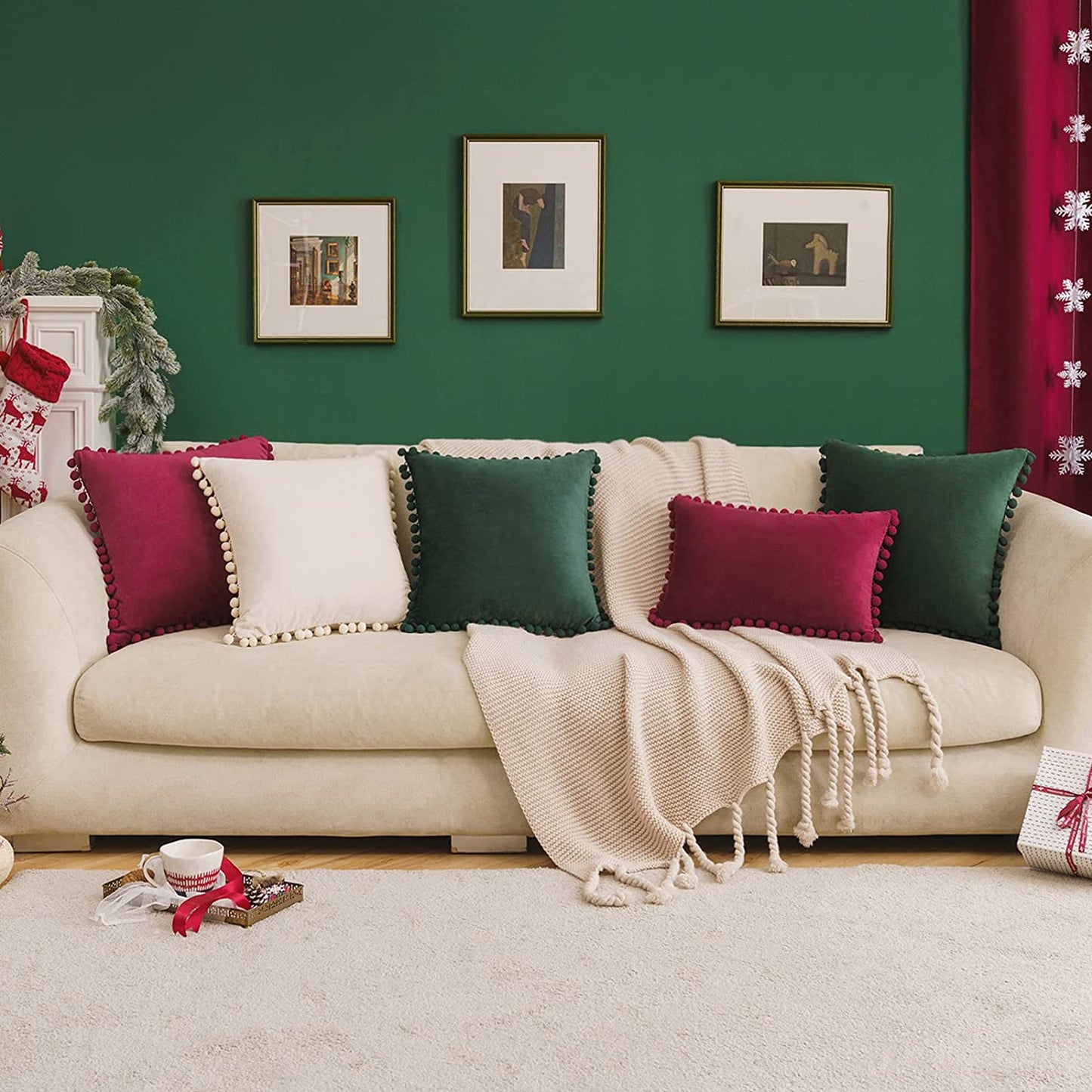 2x  Square Throw Pillows with Cute Pom-poms for Couch Sofa Bedroom Decor (Inserts + Pillow Covers,  Dark Green)