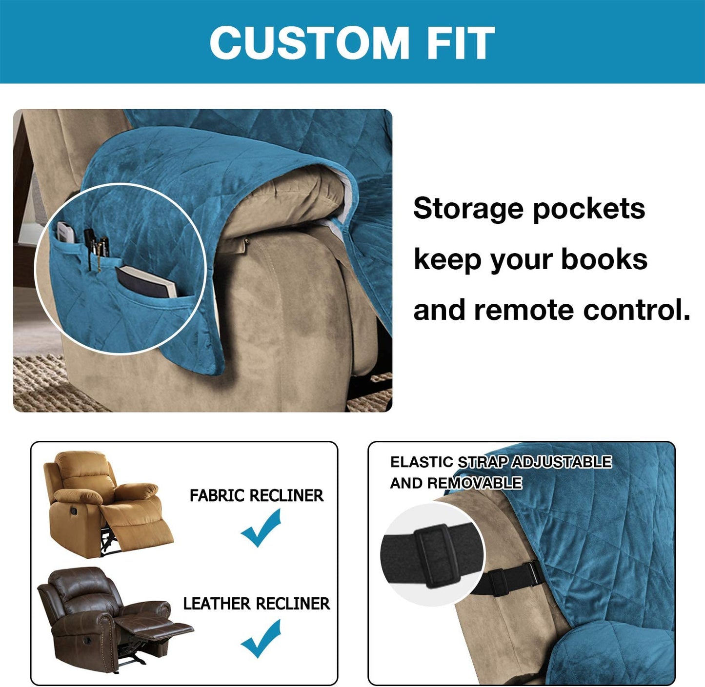 Recliner Covers Velvet Slip Resistant Recliner Sofa Slipcover Seat  Couch Furniture Protector with Elastic Straps Recliner Cover - Peacock Blue
