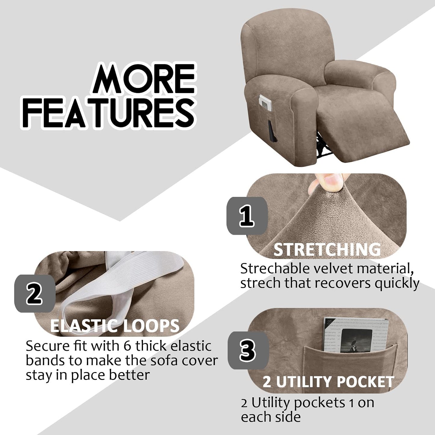 1 Seat Recliner Cover, Velvet Stretch Reclining Chair Covers for 1 Cushion Reclining Sofa, Single Seat Recliner Couch Cover, Thick, Very Soft, Machine Washable, Taupe