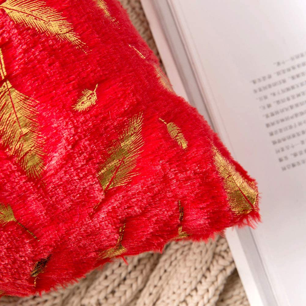 2x Square Throw Pillows Decorative Faux Fur Gold Feathers Gilding Leaves Cushion Cases Soft Fluffy(Inserts + Pillow Covers, Red)