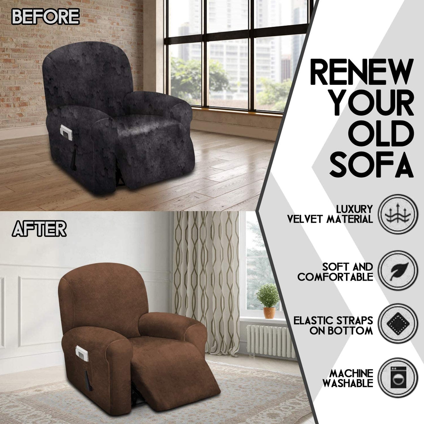 1 Seat Recliner Cover, Velvet Stretch Reclining Chair Covers for 1 Cushion Reclining Sofa, Single Seat Recliner Couch Cover, Thick, Very Soft, Machine Washable, Brown