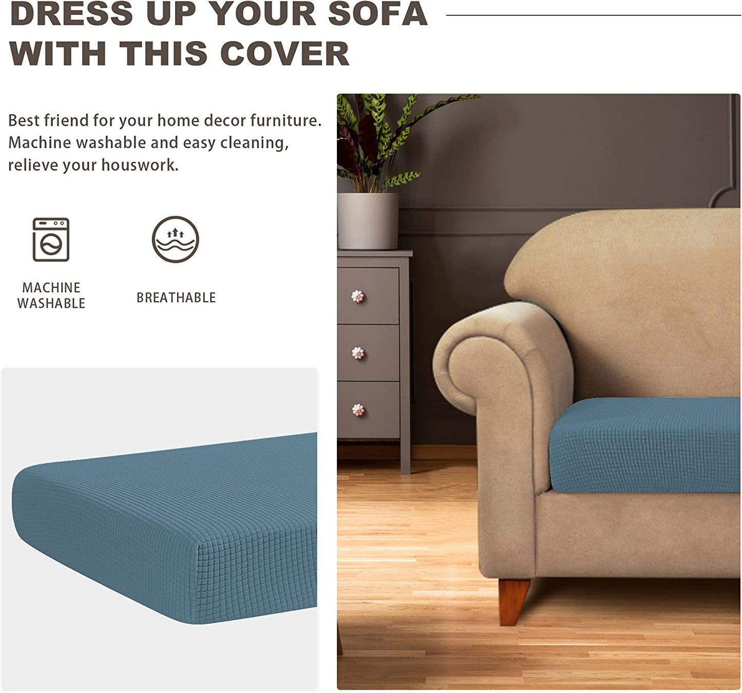 Water Repellent Sofa Couch Cushion Covers Sofa Seat Slipcover Suitable for 1/2/3 Setaer Furniture Protector, Non Slip Small Checks, Dusty Blue