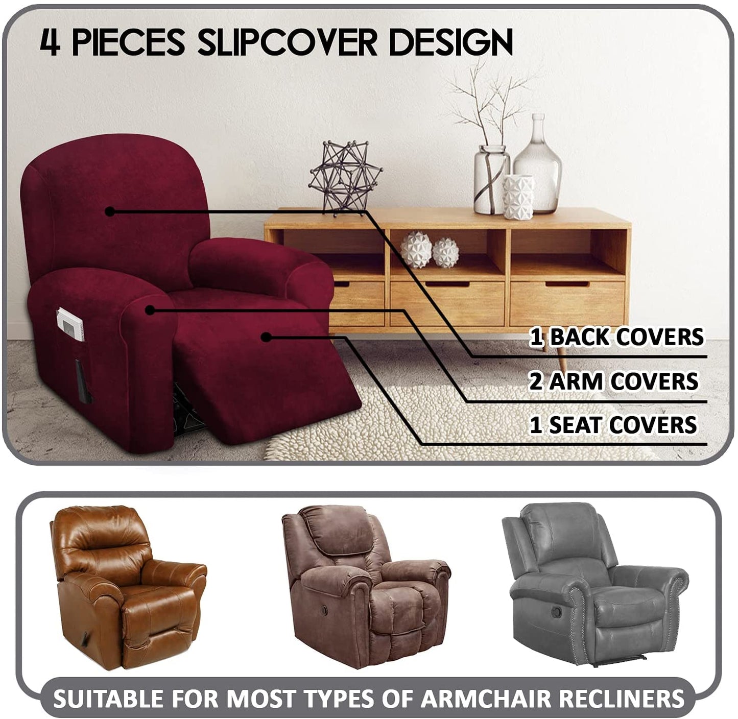 1 Seat Recliner Cover, Velvet Stretch Reclining Chair Covers for 1 Cushion Reclining Sofa, Single Seat Recliner Couch Cover, Thick, Very Soft, Machine Washable, Wine