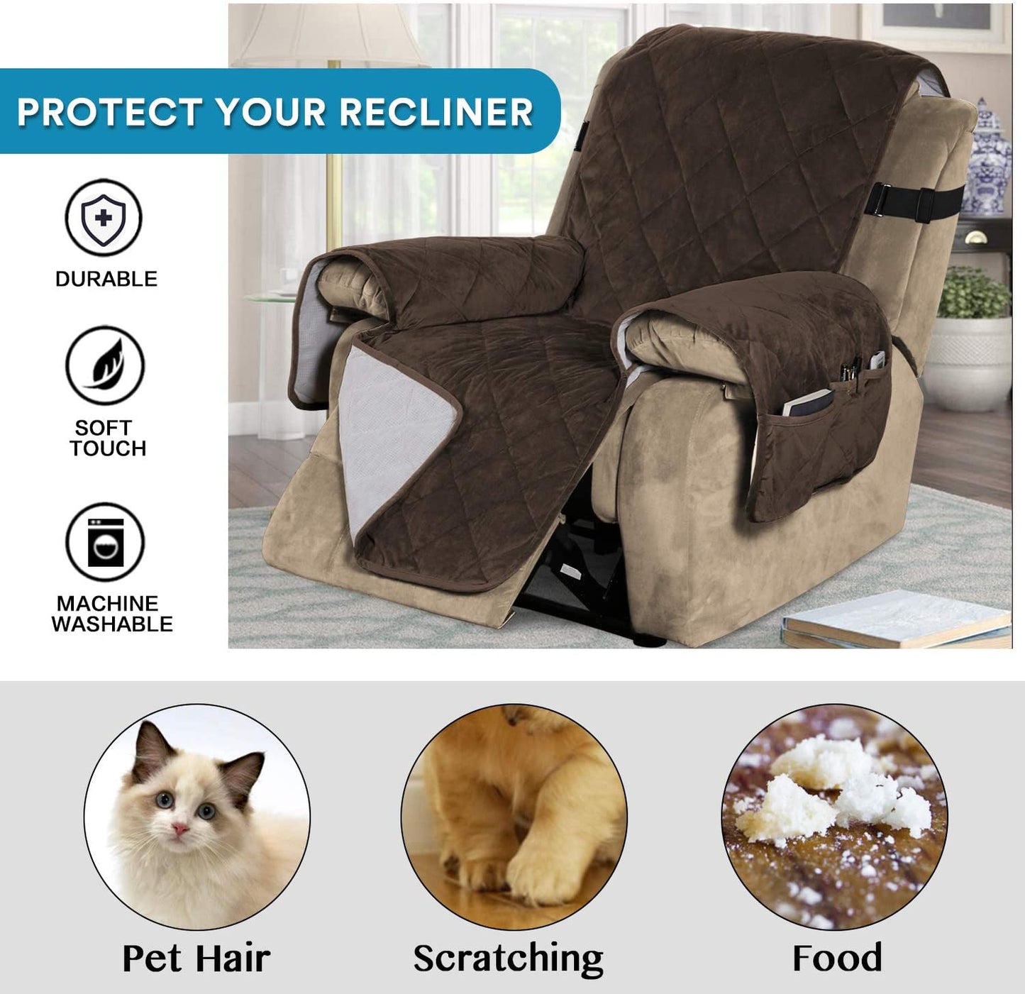 Recliner Covers Velvet Slip Resistant Recliner Sofa Slipcover Seat  Couch Furniture Protector with Elastic Straps Recliner Cover - Brown