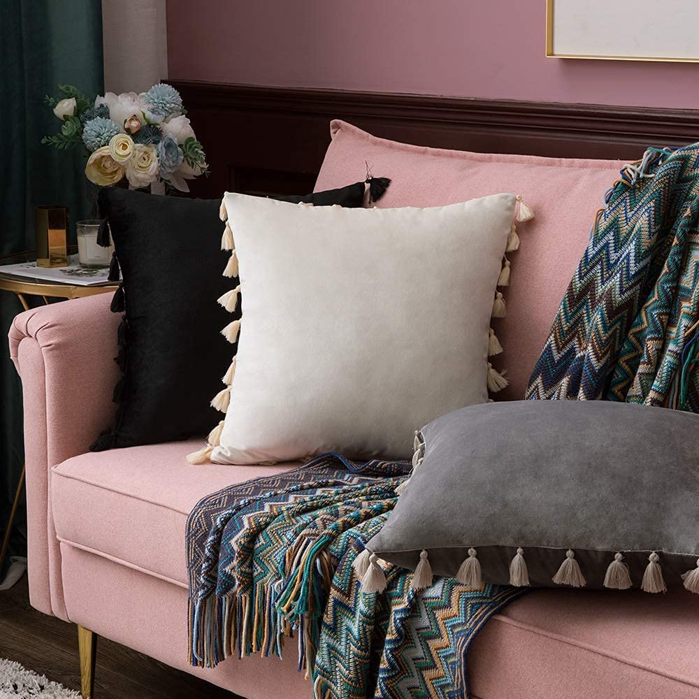 Pack of 2 Velvet Soft Solid Decorative Throw Pillows with Tassels Fringe Boho Accent Cushion for Couch Sofa Bed, Black