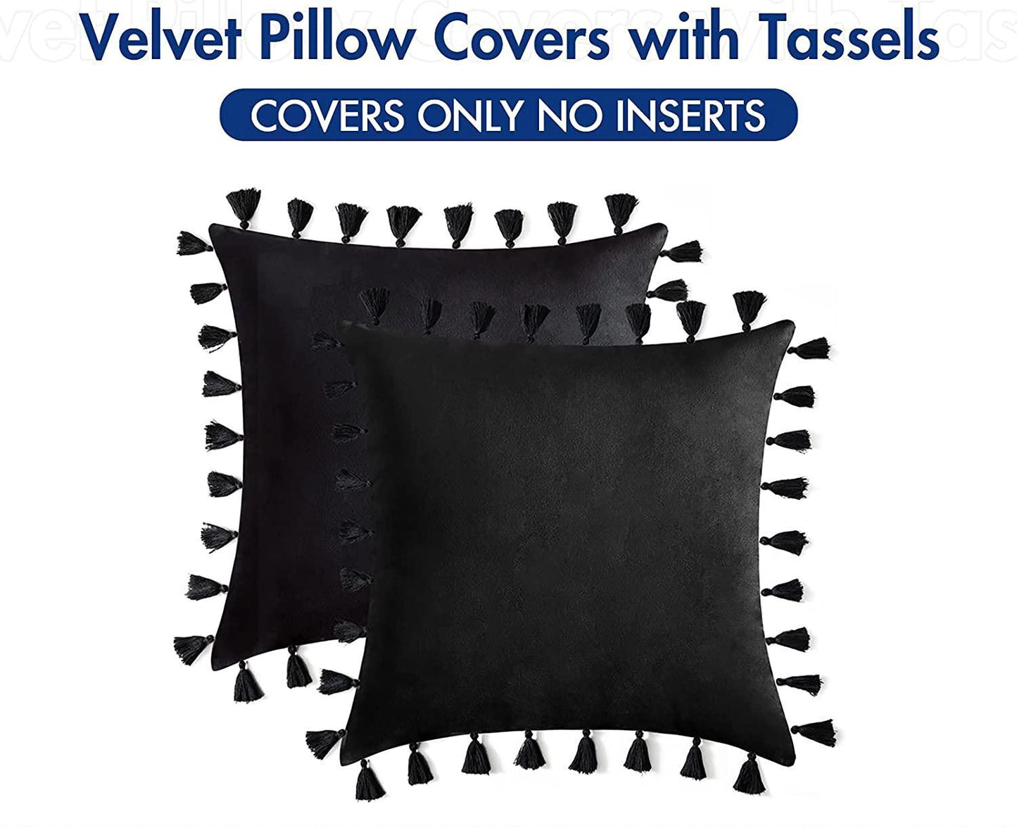 Pack of 2 Velvet Soft Solid Decorative Throw Pillows with Tassels Fringe Boho Accent Cushion for Couch Sofa Bed, Black