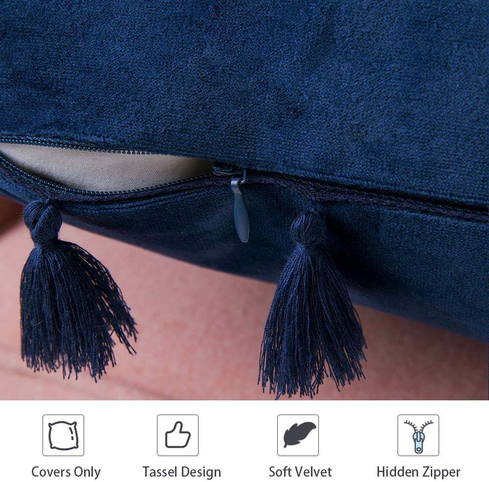 Pack of 2 Velvet Soft Solid Decorative Throw Pillows with Tassels Fringe Boho Accent Cushion Case for Couch Sofa Bed, Navy