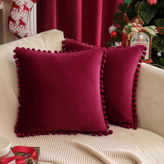 2x  Square Throw Pillows with Cute Pom-poms for Couch Sofa Bedroom Decor (Inserts + Pillow Covers, Wine Red )