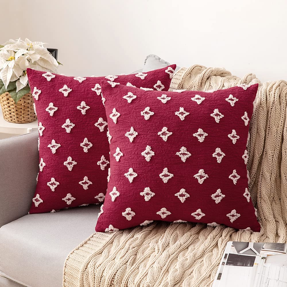 Velvet Throw Pillow Diamond Jacquard Soft Couch Pillows Set of 2 (Inserts + Pillow Covers, Burgundy)