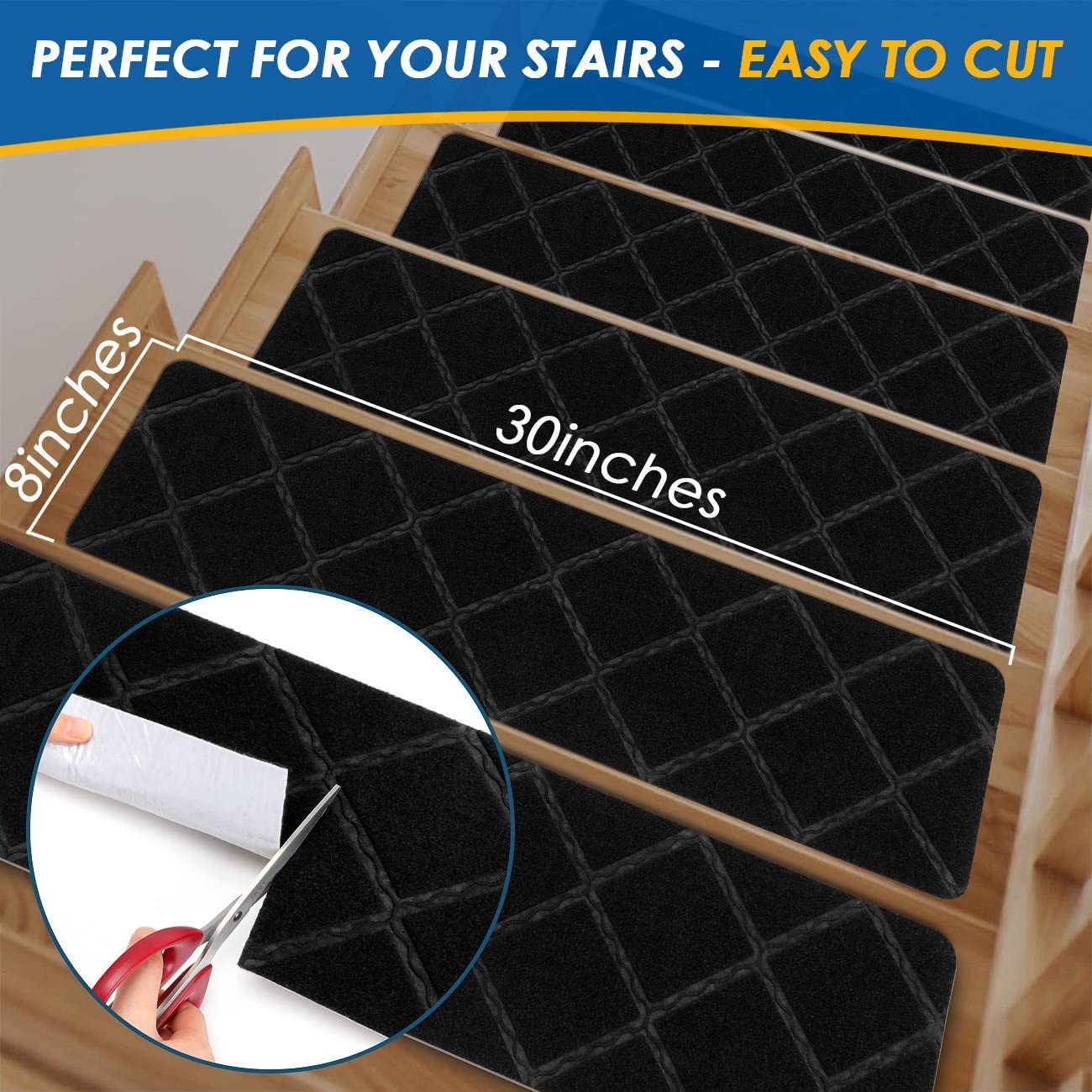 Stair Treads Carpet Non-Slip Indoor Stair Runners for Wooden Steps, Stair Rugs for Kids and Dogs, Set of 15, 8" X 30",Diamond Black