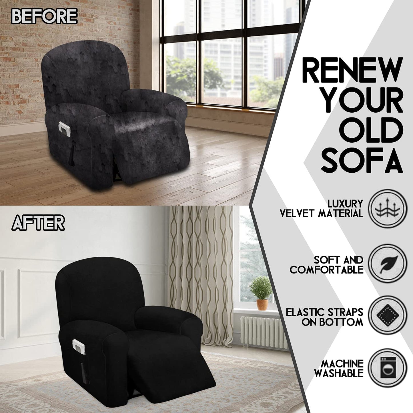 1 Seat Recliner Cover, Velvet Stretch Reclining Chair Covers for 1 Cushion Reclining Sofa, Single Seat Recliner Couch Cover, Thick, Very Soft, Machine Washable, Black
