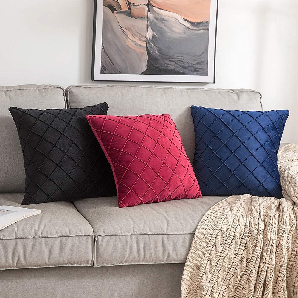 Velvet Throw Pillow Square Soft Couch Pillows Set of 2 (Inserts + Pillow Covers, Wine)