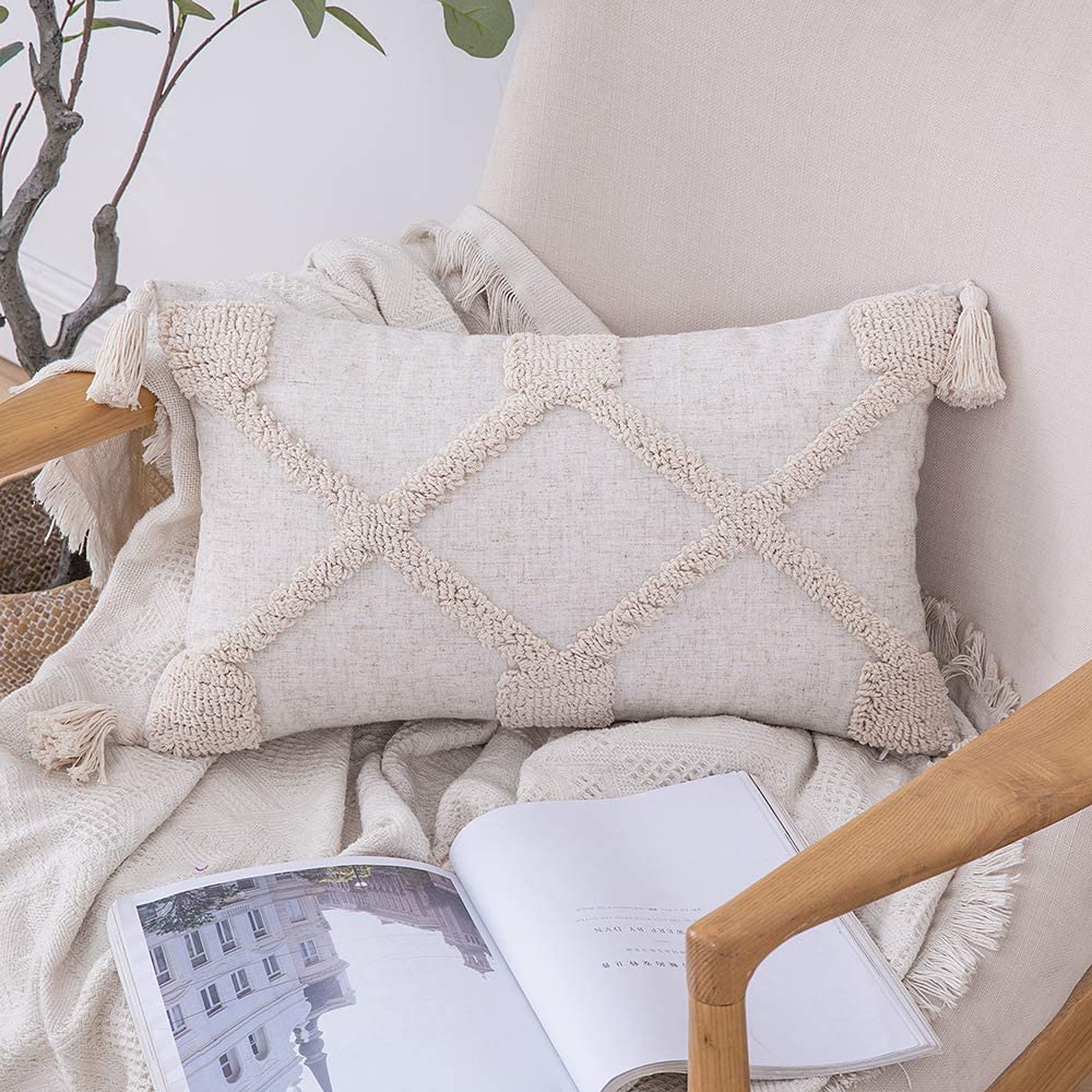 Tribal Boho Woven with Tassels Pillow Square Soft Couch Pillows Set of 2 (Inserts + Pillow Covers, Beige)