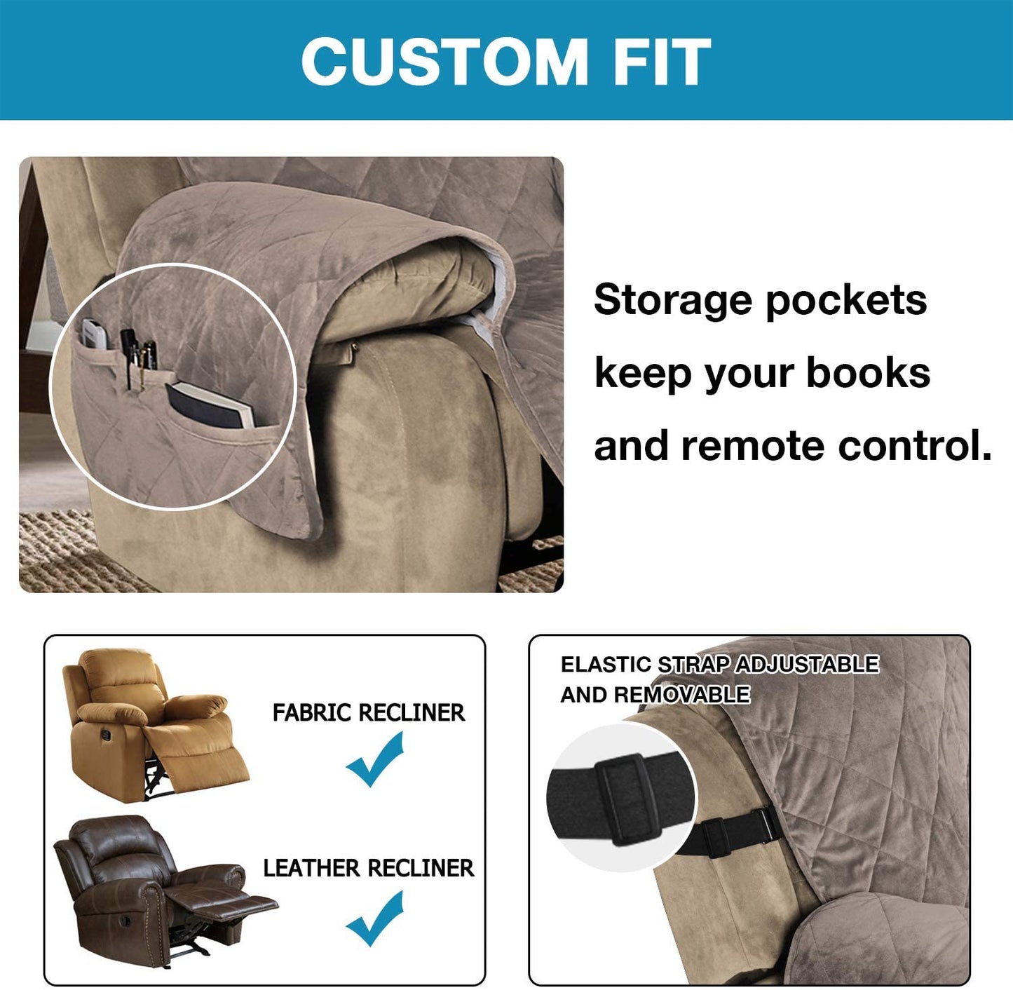 Recliner Covers Velvet Slip Resistant Recliner Sofa Slipcover Seat  Couch Furniture Protector with Elastic Straps Recliner Cover - Taupe
