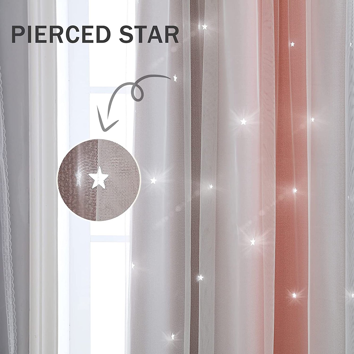 2x Star Cutout Curtains for Girls Room, Pink/Grey